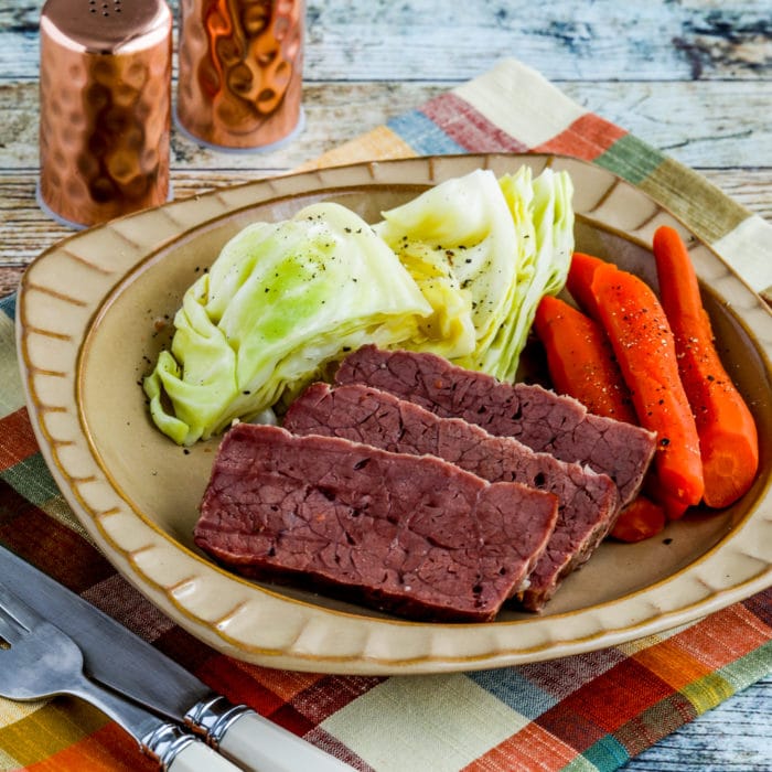 Slow Cooker Corned Beef square thumbnail image of finished corned beef on plate