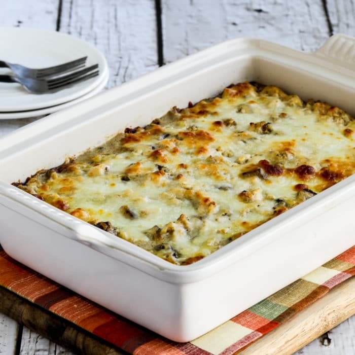 Chicken Alfred Mock Lasagna Casserole thumbnail image of finished casserole