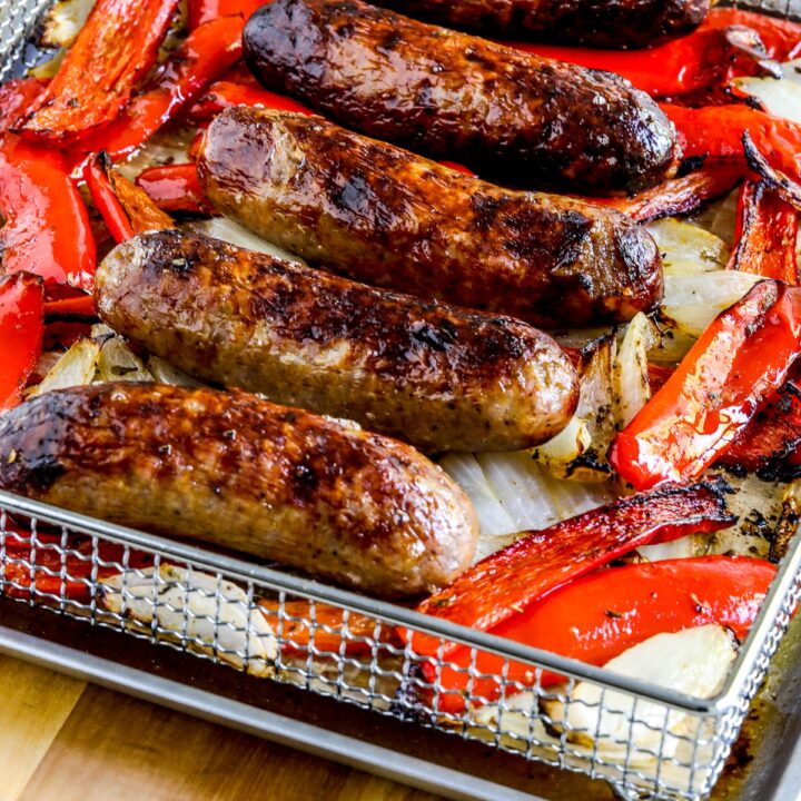 Air Fryer Sausage and Peppers shown in air fryer basket