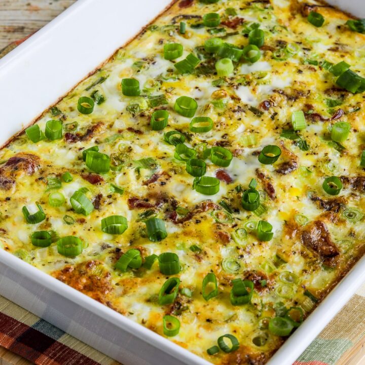 Bacon Feta Breakfast Casserole in baking dish on napkin.