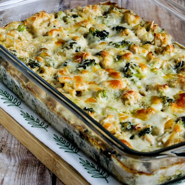 Chicken Broccoli Alfredo Casserole farther away shot of casserole in baking dish.