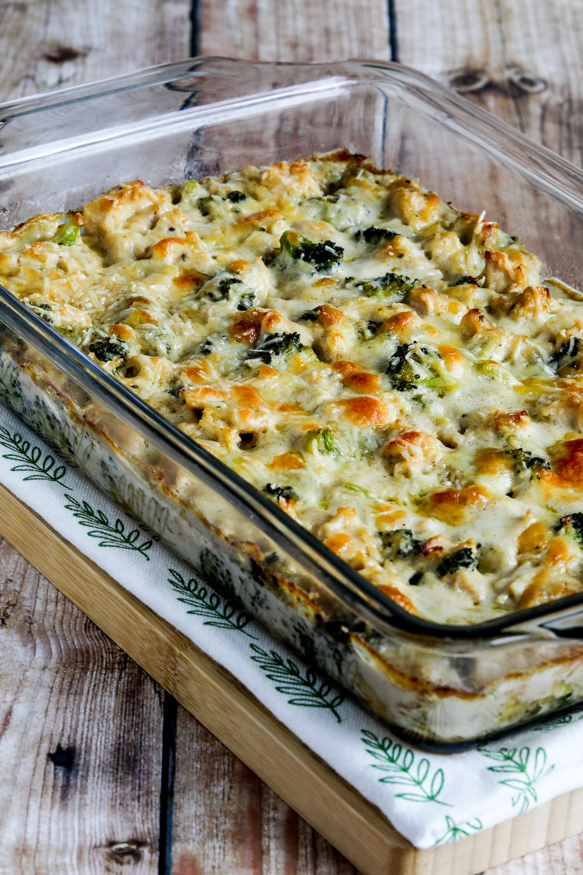 Chicken Broccoli Alfredo Casserole farther away shot of casserole in baking dish.