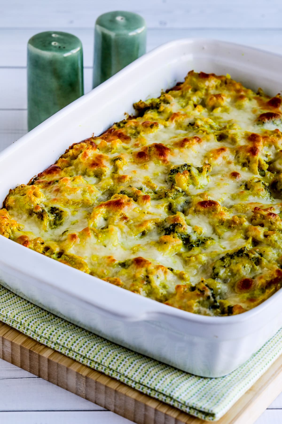 Chicken Broccoli, Curry Casserole with Cauliflower Rice image of casserole in baking dish.