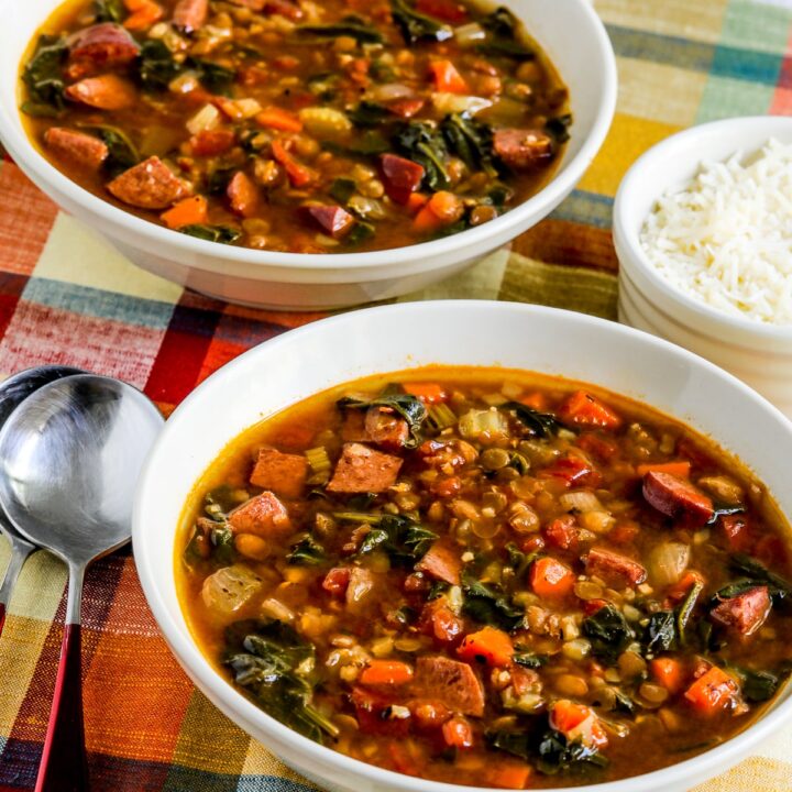 Sausage Lentil Soup shown in two soup bowls