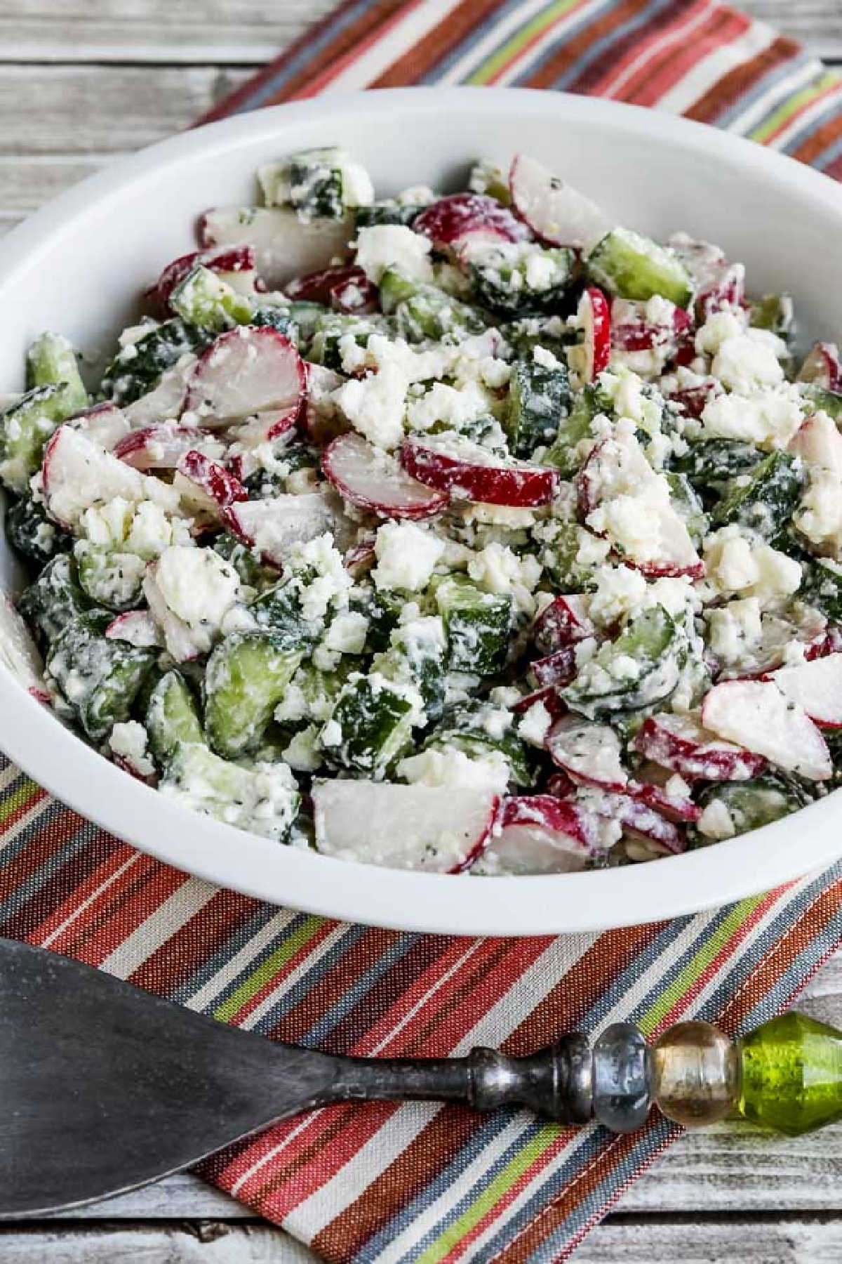 closer view of Cucumber Radish Salad in serving bowl