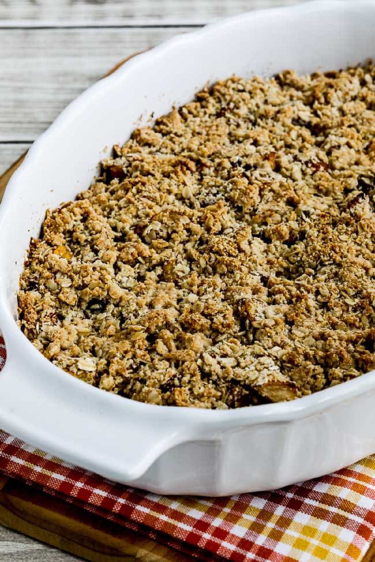 Low-Sugar Pumpkin Apple Crumble in baking dish