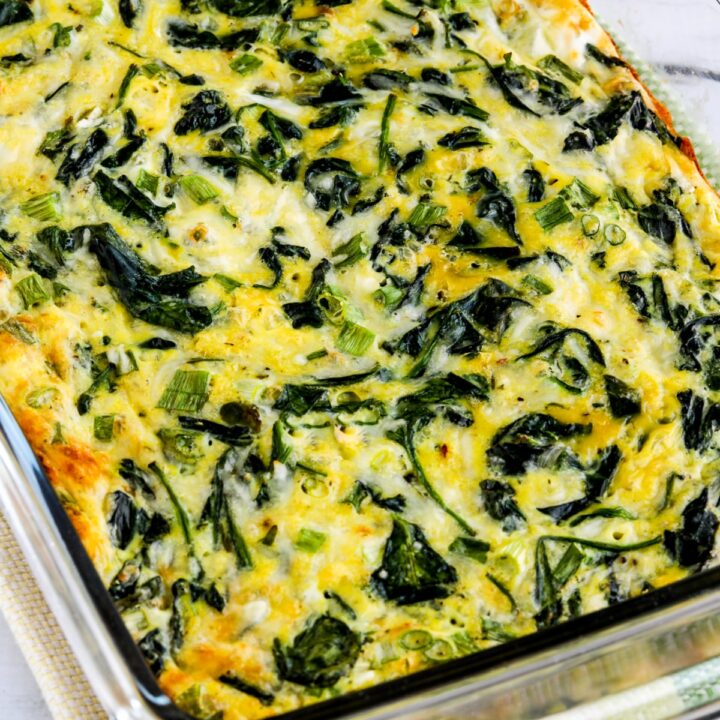 Spinach and Mozzarella Egg Bake photo of finished egg bake in casserole dish