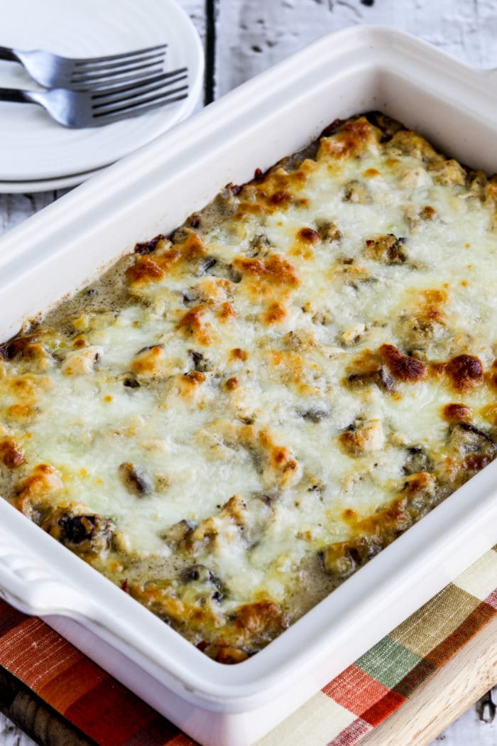 Chicken Alfred Mock Lasagna Casserole close-up photo of finished casserole in baking dish