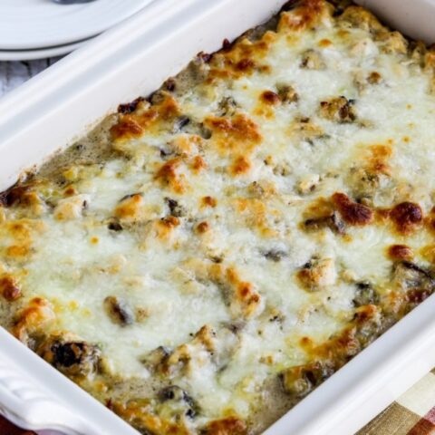 Chicken Alfred Mock Lasagna Casserole close-up photo of finished casserole in baking dish