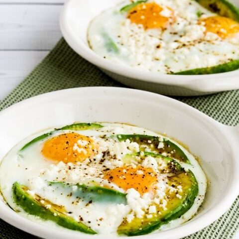 Baked Eggs with Avocado and Feta finished dish in small baking dishes