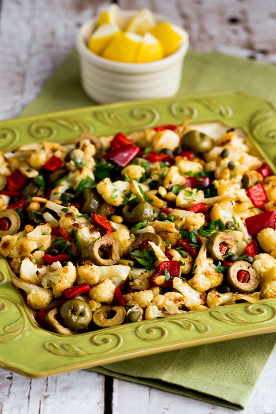 Roasted Christmas Cauliflower with Red Bell Pepper, Green Olives, and Pine Nuts