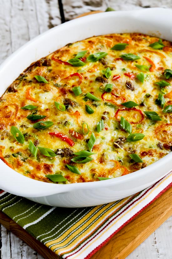 Italian Sausage and Sweet Mini Peppers Breakfast Bake in baking dish