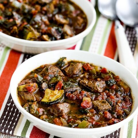 Italian Beef Stew with Zucchini, Mushrooms, and Basil finished stew in serving bowls