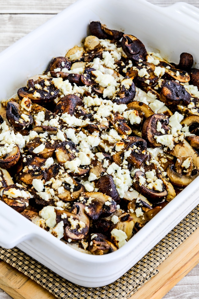 Balsamic Chicken and Mushrooms close up photo of cooked chicken and mushrooms in casserole dish