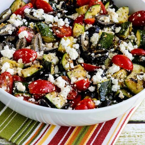 Close-up photo for Grilled Zucchini Greek Salad