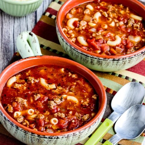 Italian Sausage, Tomato, and Pesto Soup close-up photo