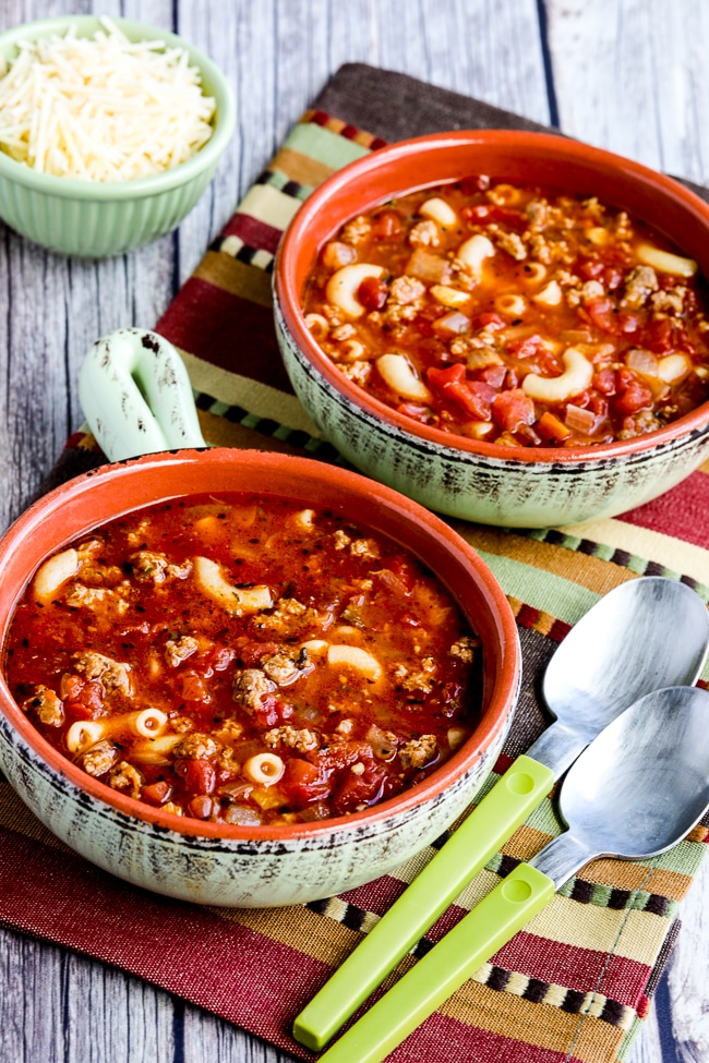 Italian Sausage, Tomato, and Pesto Soup close-up photo