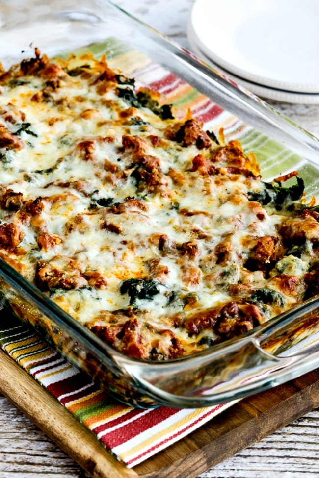 close-up photo for Low-Carb Sausage and Kale Mock Lasagna Casserole