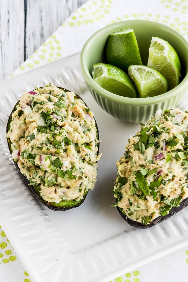 Close-up photo Tuna Stuffed Avocado with Cilantro and Lime