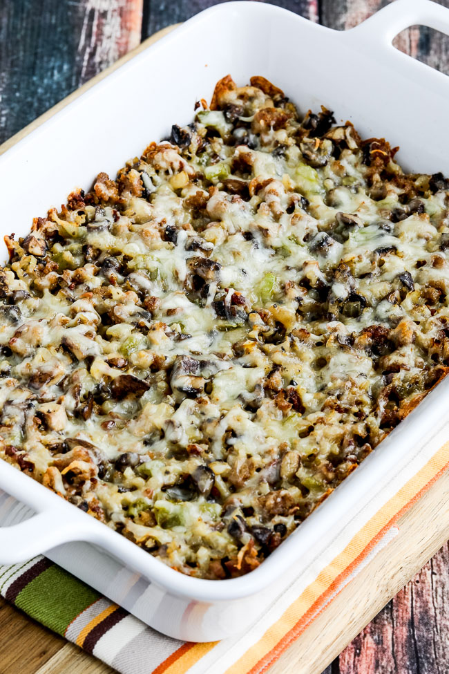 Cauliflower Rice Sausage Casserole with Mushrooms and Green Pepper close-up photo