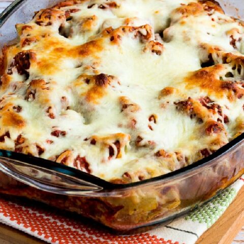 Easy Cheesy Meatball Artichoke Casserole finished casserole in baking dish