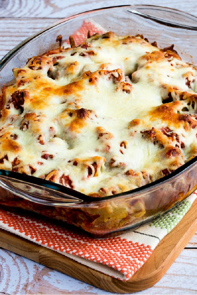 Easy Cheesy Meatball Artichoke Casserole finished casserole in baking dish