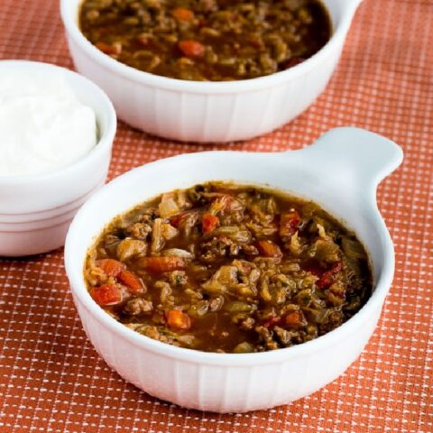 Ground Beef and Sauerkraut Soup finished soup in two serving bowls