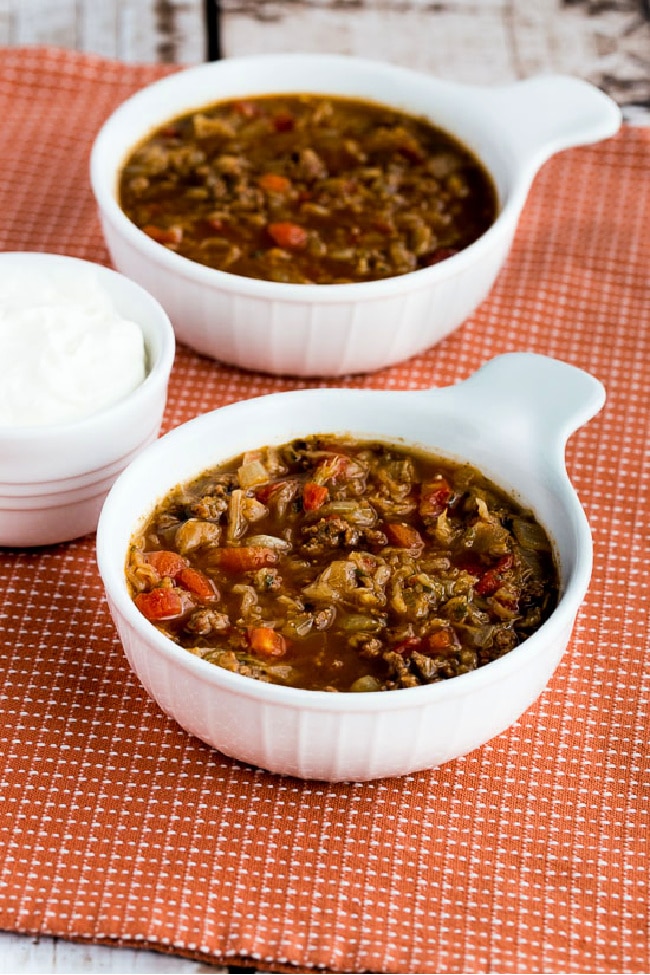 Ground Beef and Sauerkraut Soup finished soup in two serving bowls