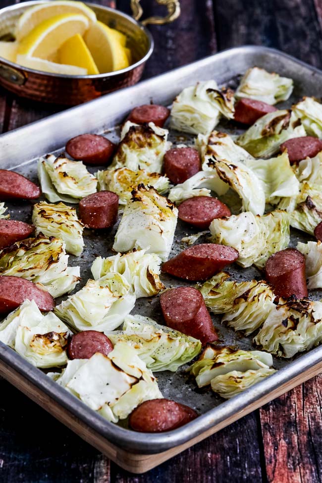 Low-Carb Roasted Lemon Cabbage and Sausage Sheet Pan Meal found on 