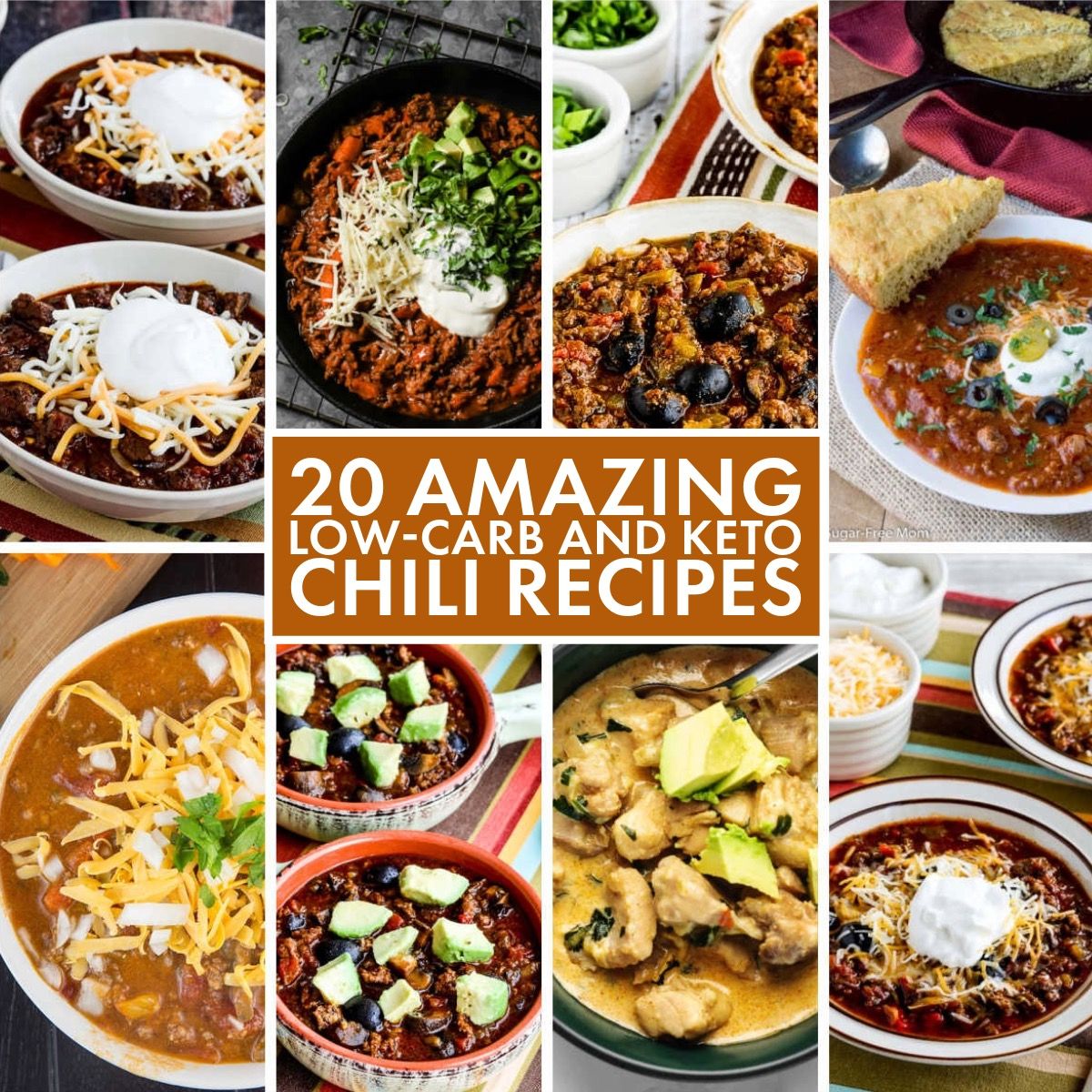 20 Amazing Low-Carb and Keto Chili Recipes text-overlay collage showing featured recipes.