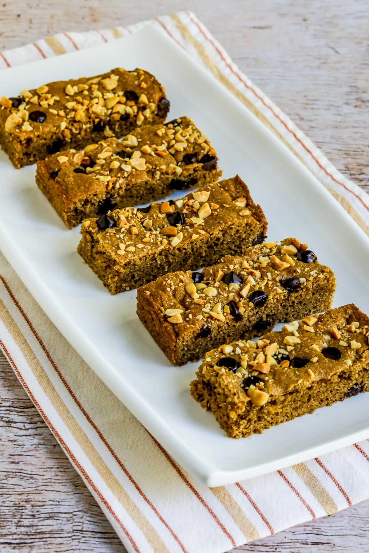 Peanut Butter Chocolate Chip Bars shown on serving platter