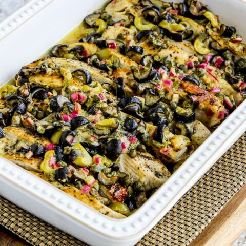 Chicken Bake with Olive and Caper Sauce finished recipe in baking dish