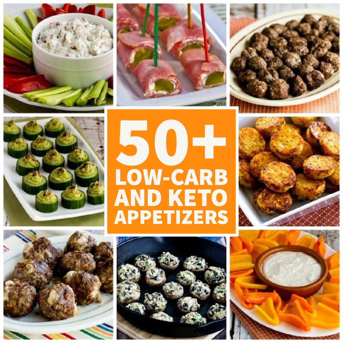 50+ Low-Carb and Keto Appetizers collage of featured recipes with text overlay