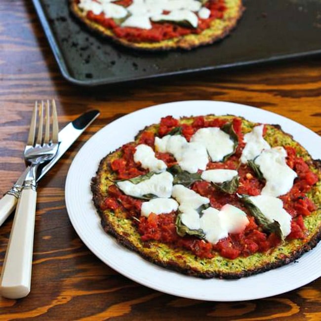 Zucchini Crust Pizza Margherita finished pizza on plate