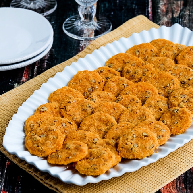 square thumbnail image of Cheddar Pecan Almond Crisps on serving plate