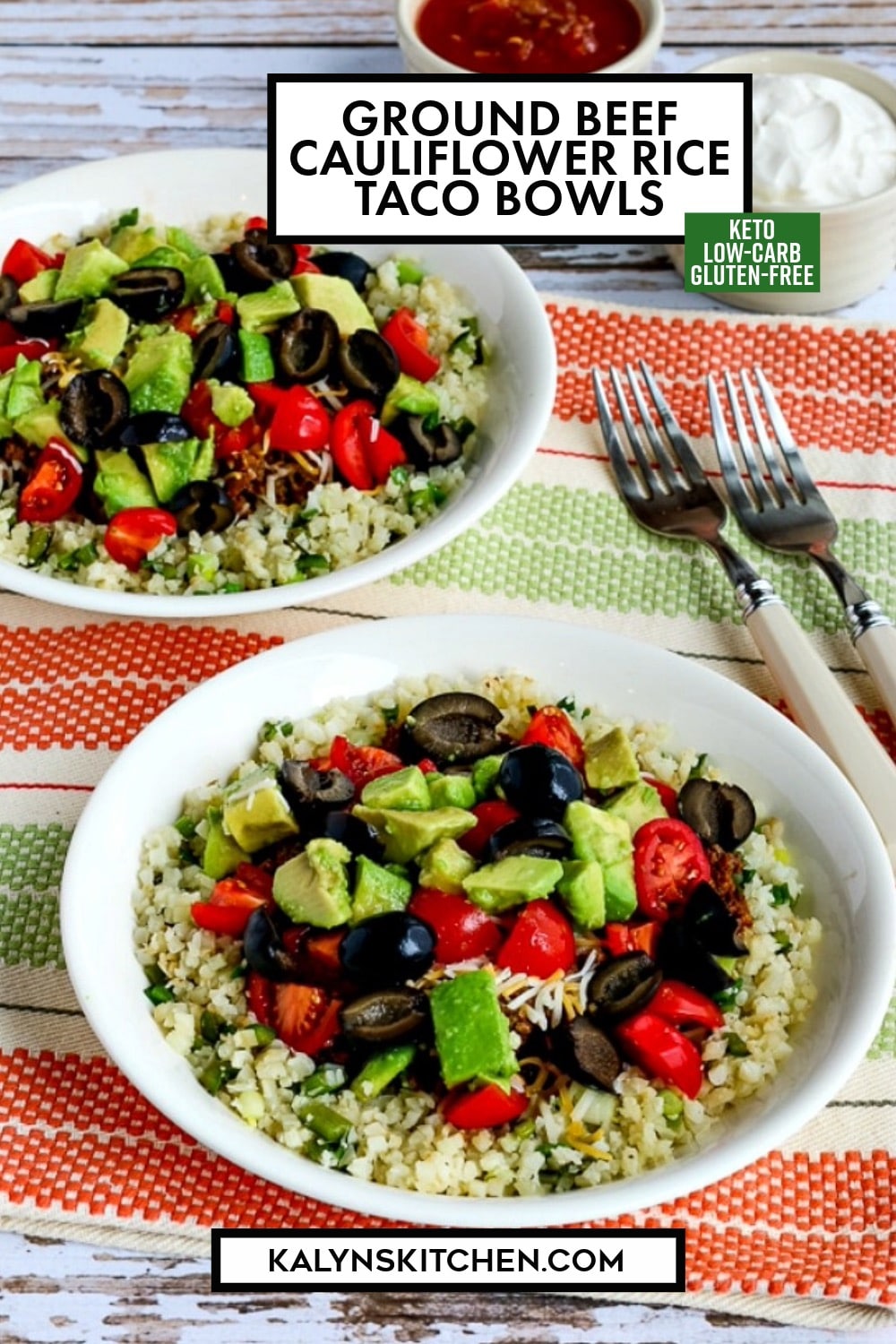 Pinterest image of Ground Beef Cauliflower Rice Taco Bowls