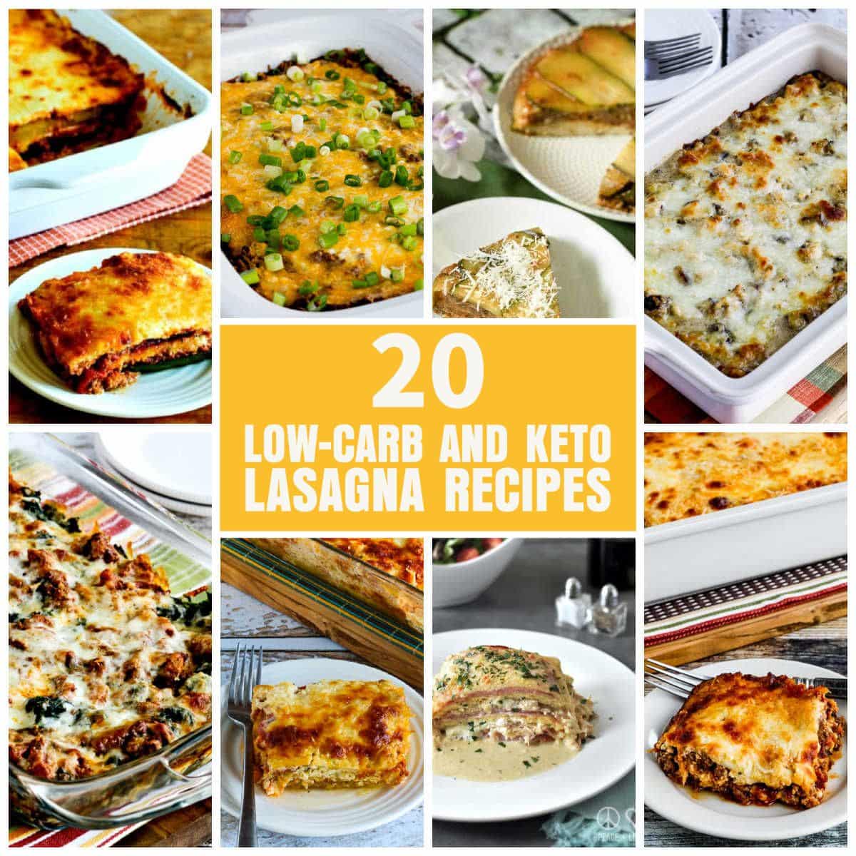 Collage photo with text overlay for 20 Low-Carb and Keto Lasagna Recipes showing featured recipes.