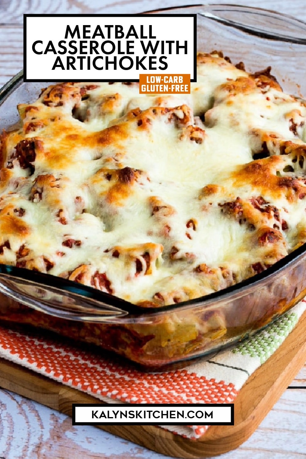 Pinterest image of Meatball Casserole with Artichokes