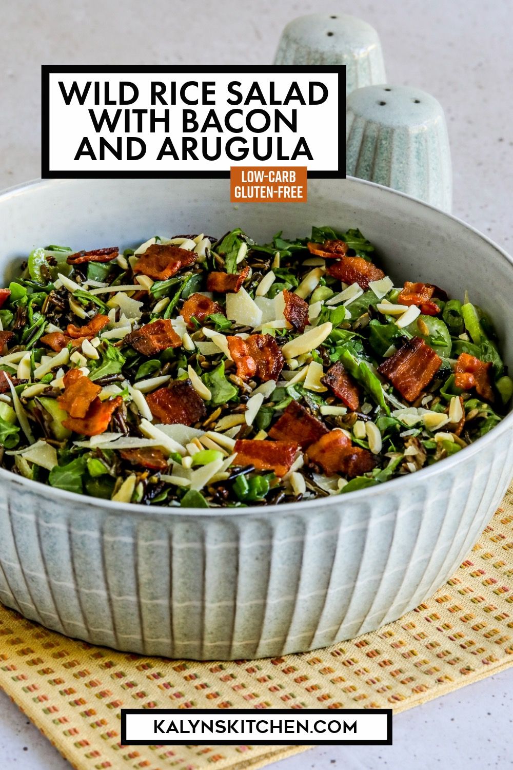 Pinterest image for Wild Rice Salad with Bacon and Arugula.