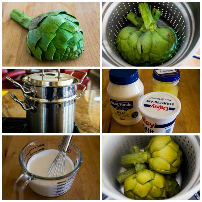 Cooking Artichokes and making dipping sauce on 